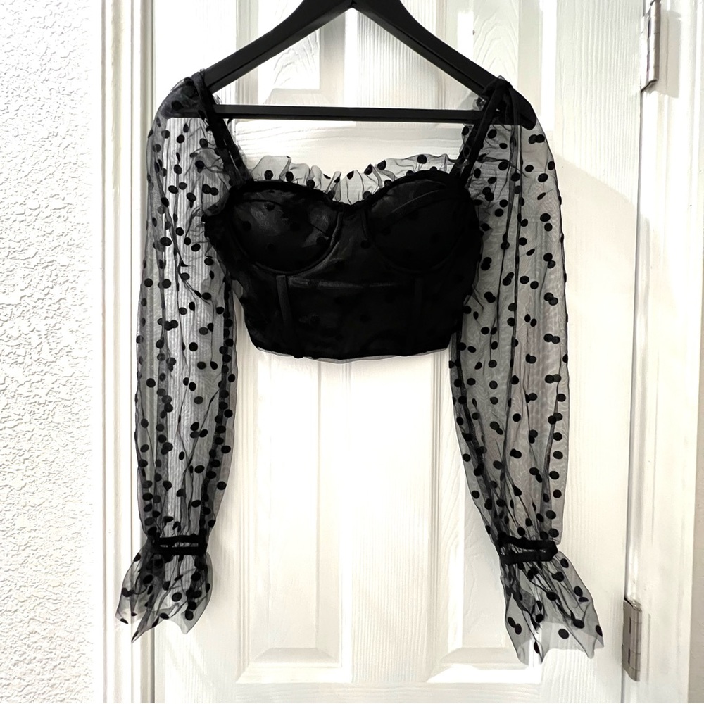 Sheer Polka Dot Long Sleeve Crop Top - Black